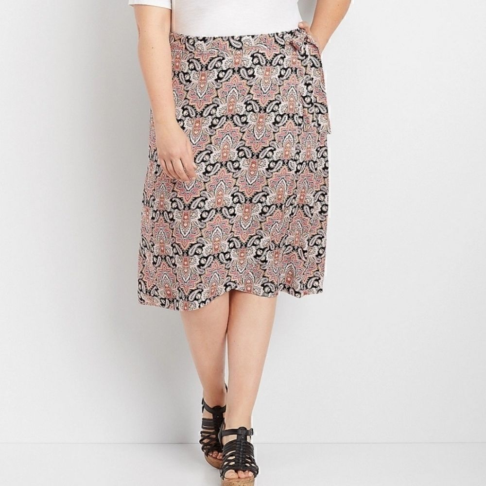 24W Boho Pink Paisley Wrap Skirt Midi Lightweight